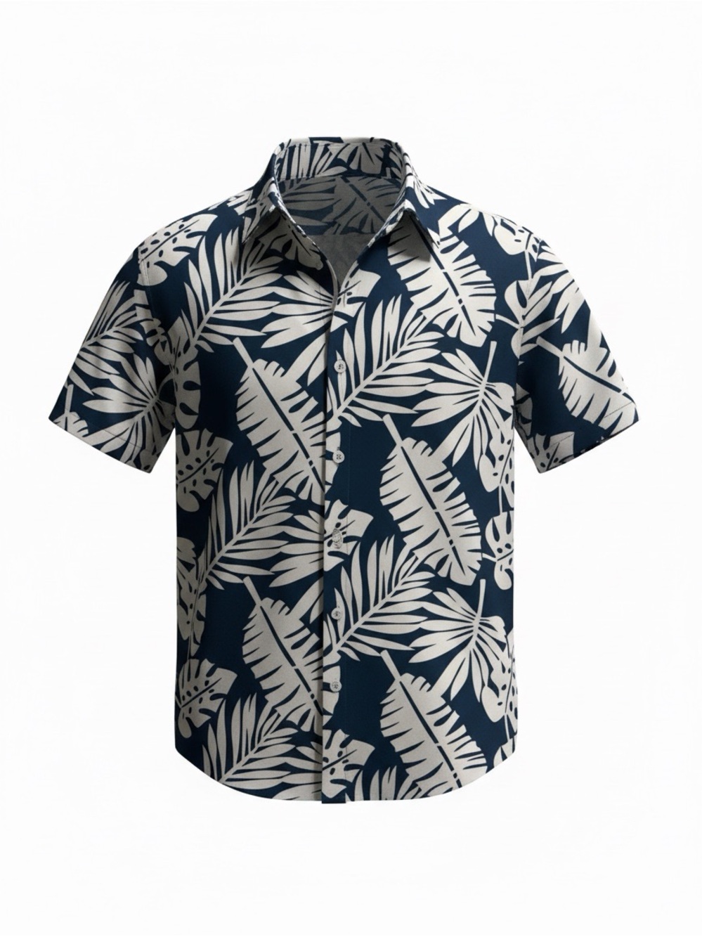 Casual Navy and Cream Tropical Print Short-Sleeve Shirt
